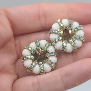 Vintage Weiss Earrings Milk Glass AB Rhinestones Signed Clip Ons